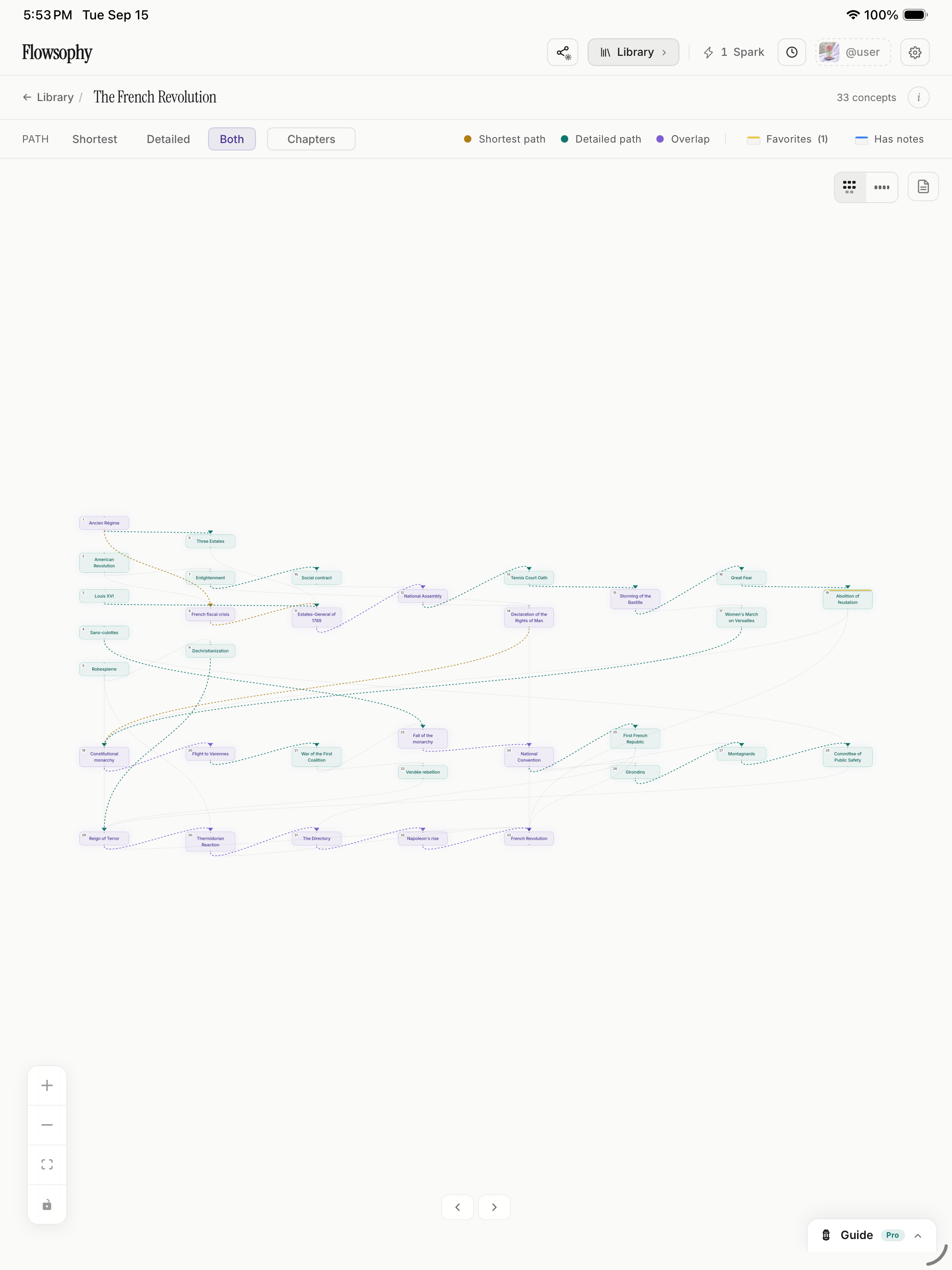 The Map view of a 33-concept Flowmap of the French Revolution on iPad